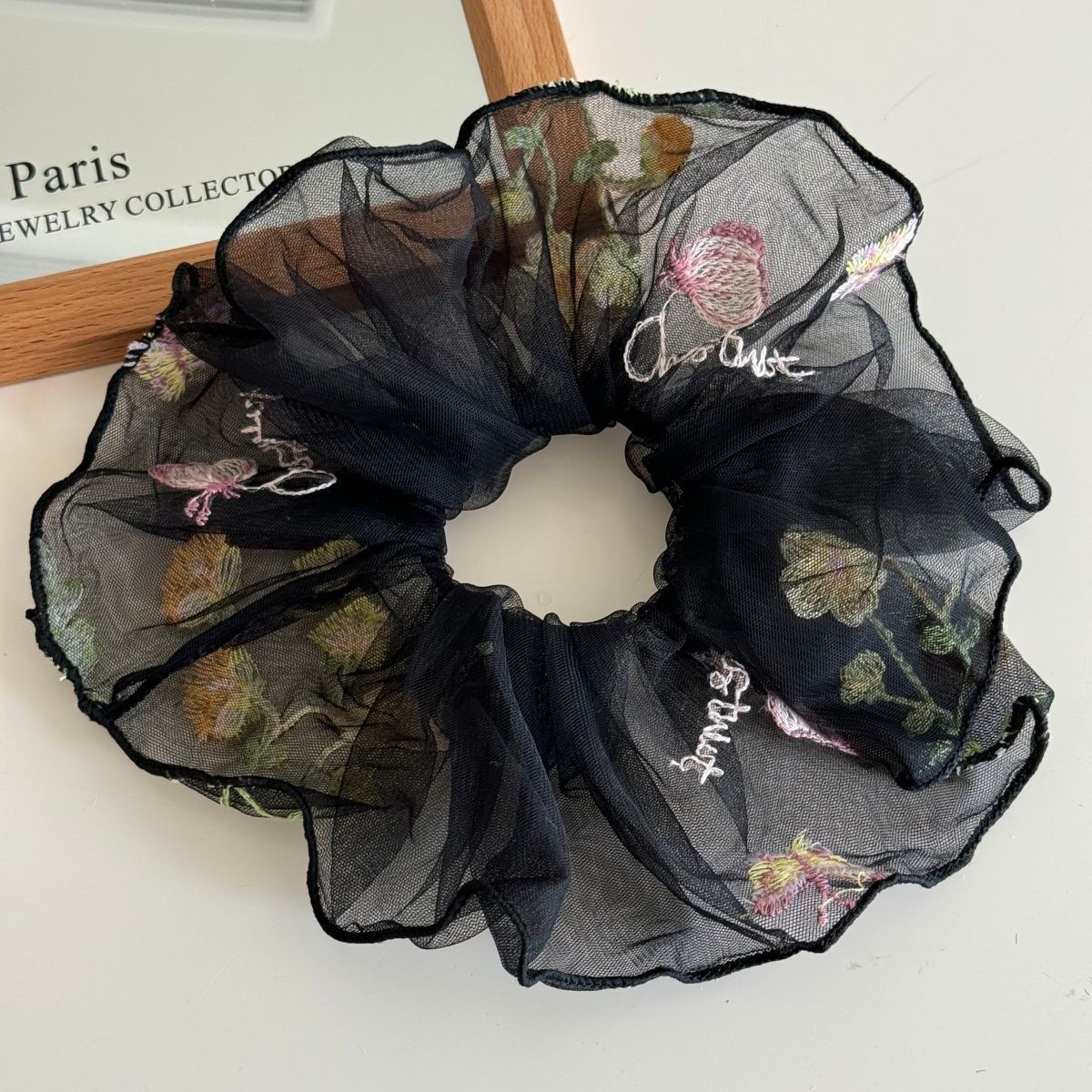 Women Gentle Fairy Mesh Hair Scrunchie Embroidered Floral Pleated