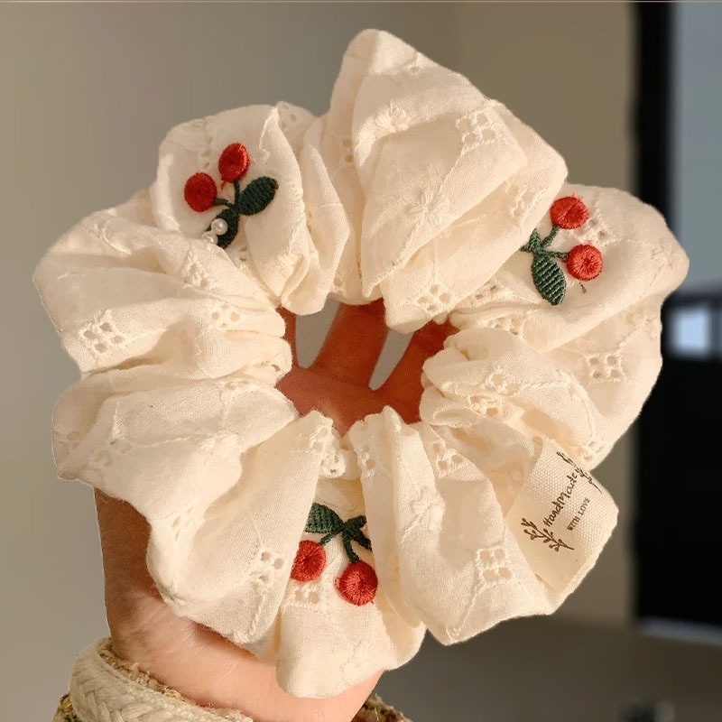Women Spring Summer Cloth Hair Scrunchie Tie Romantic Polka Dot Lace