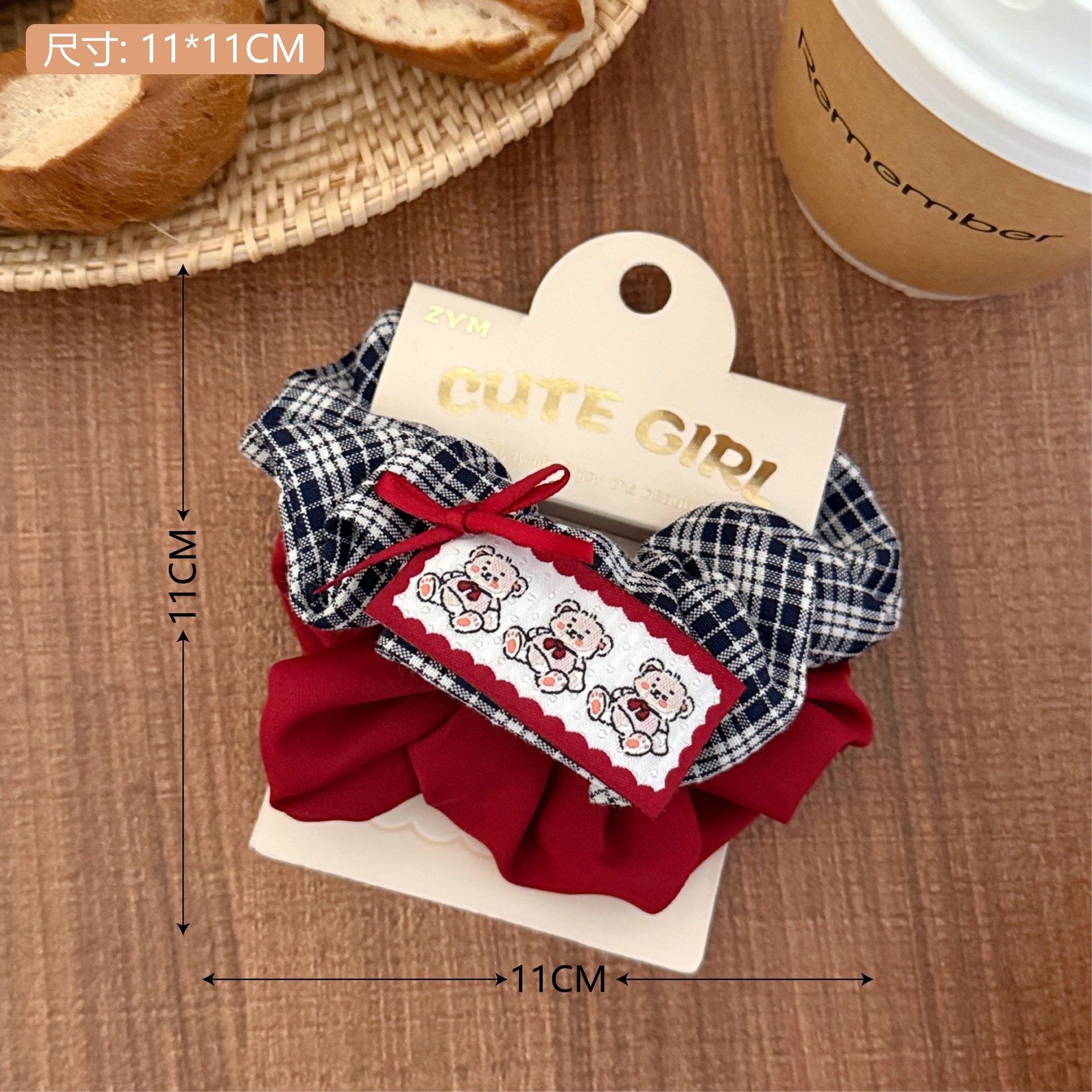 Girls Sweet Cloth Scrunchie Long Ribbon Bow Red Cherry Pattern