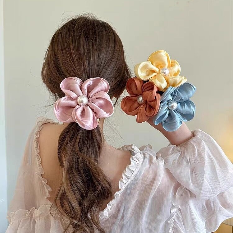 Women's High Elastic Pearl Telephone Cord Hair Tie Holiday Floral Scrunchie