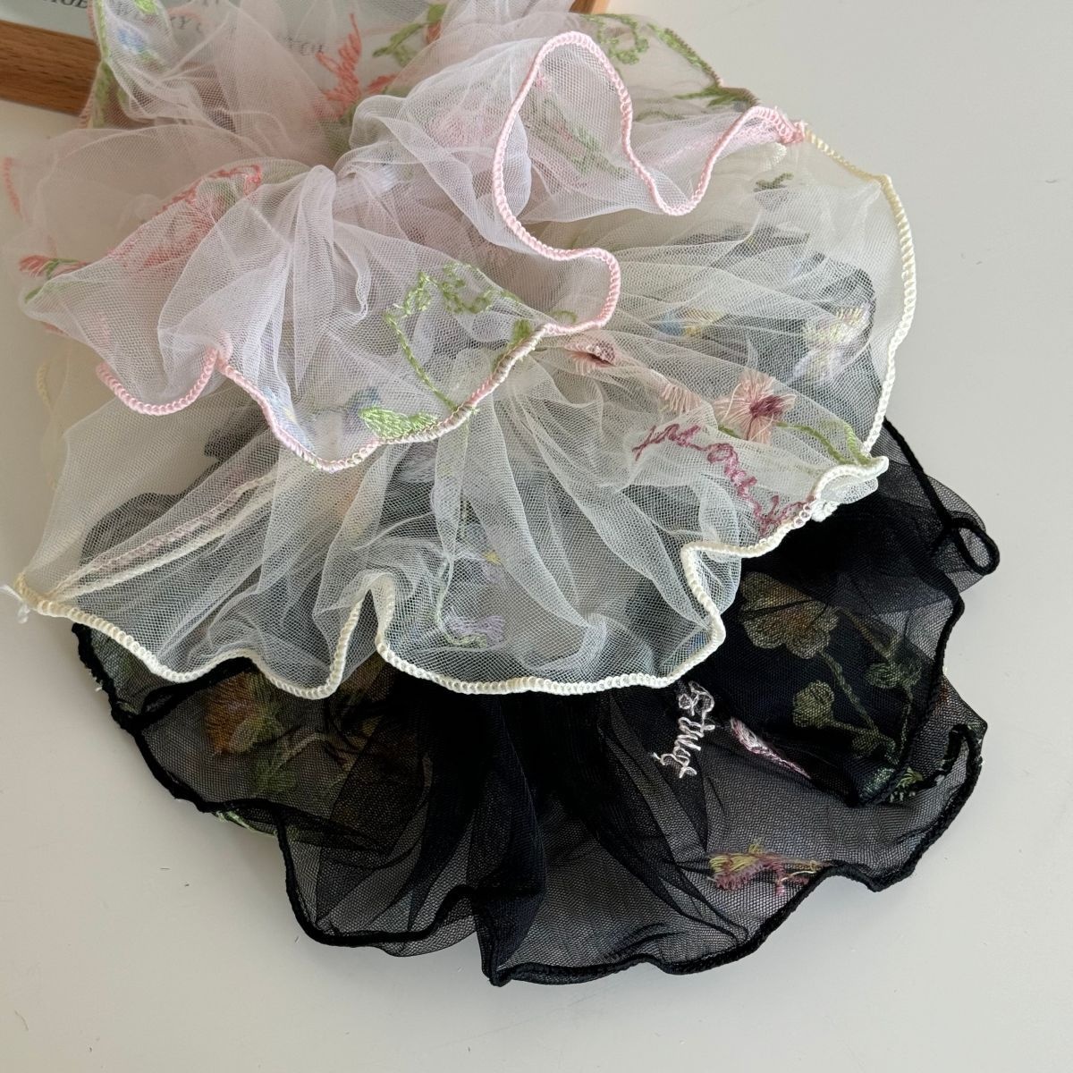 Women Gentle Fairy Mesh Hair Scrunchie Embroidered Floral Pleated
