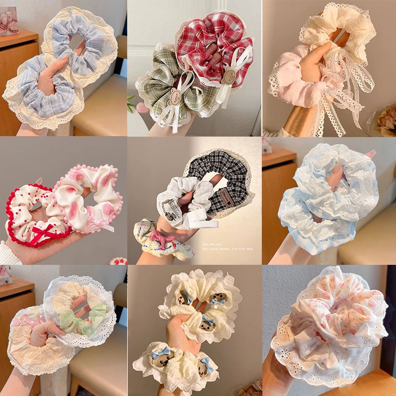 Women Spring Summer Cloth Hair Scrunchie Tie Romantic Polka Dot Lace