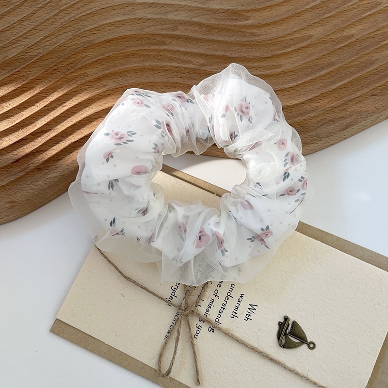 Women's Spring Summer Gauze Floral Hair Tie Rubber Band White