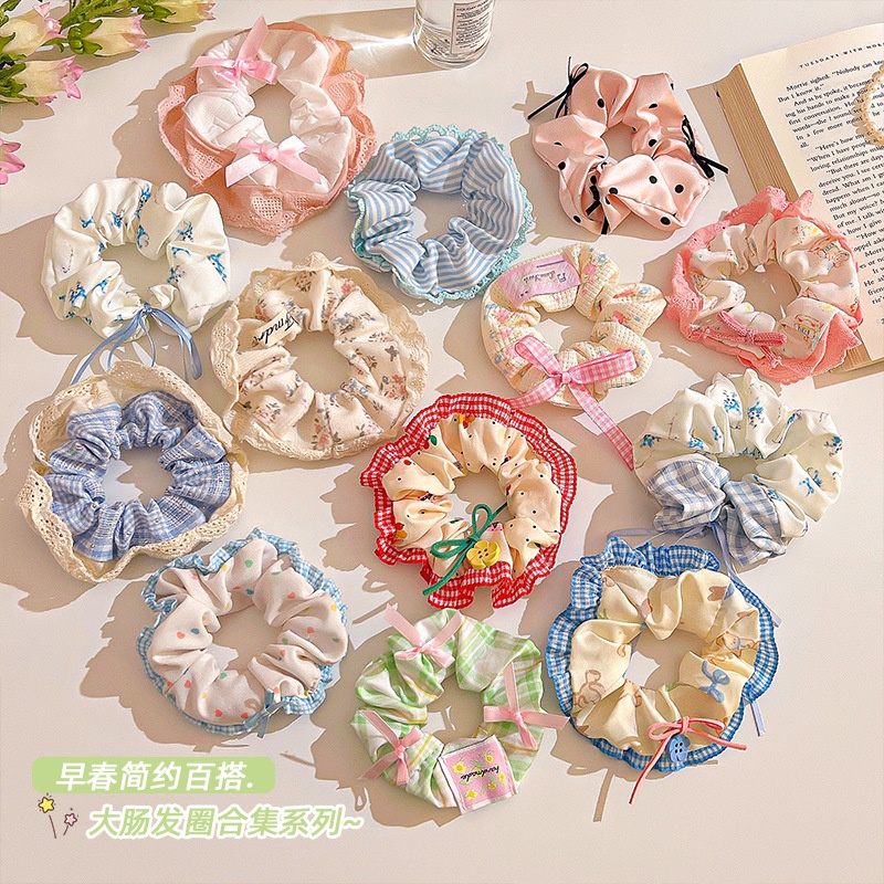 Women Daily Oversized High Elastic Lace Hair Scrunchie Elegant Floral