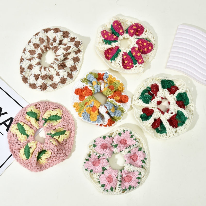 Women's Handmade Knitted Wool Ponytail Hair Tie Floral Butterfly Knot