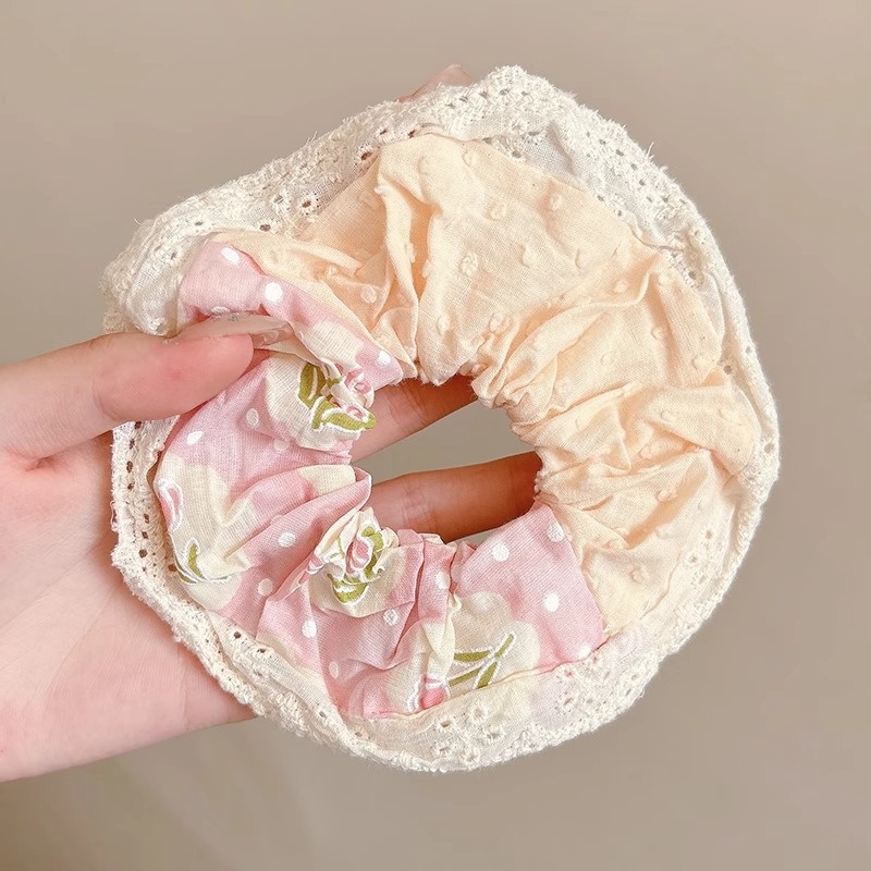Women Daily Oversized High Elastic Lace Hair Scrunchie Elegant Floral