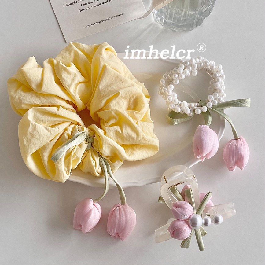 Women's Spring Pearl Inlay Cloth Hair Tie Sweet Tulip Flower