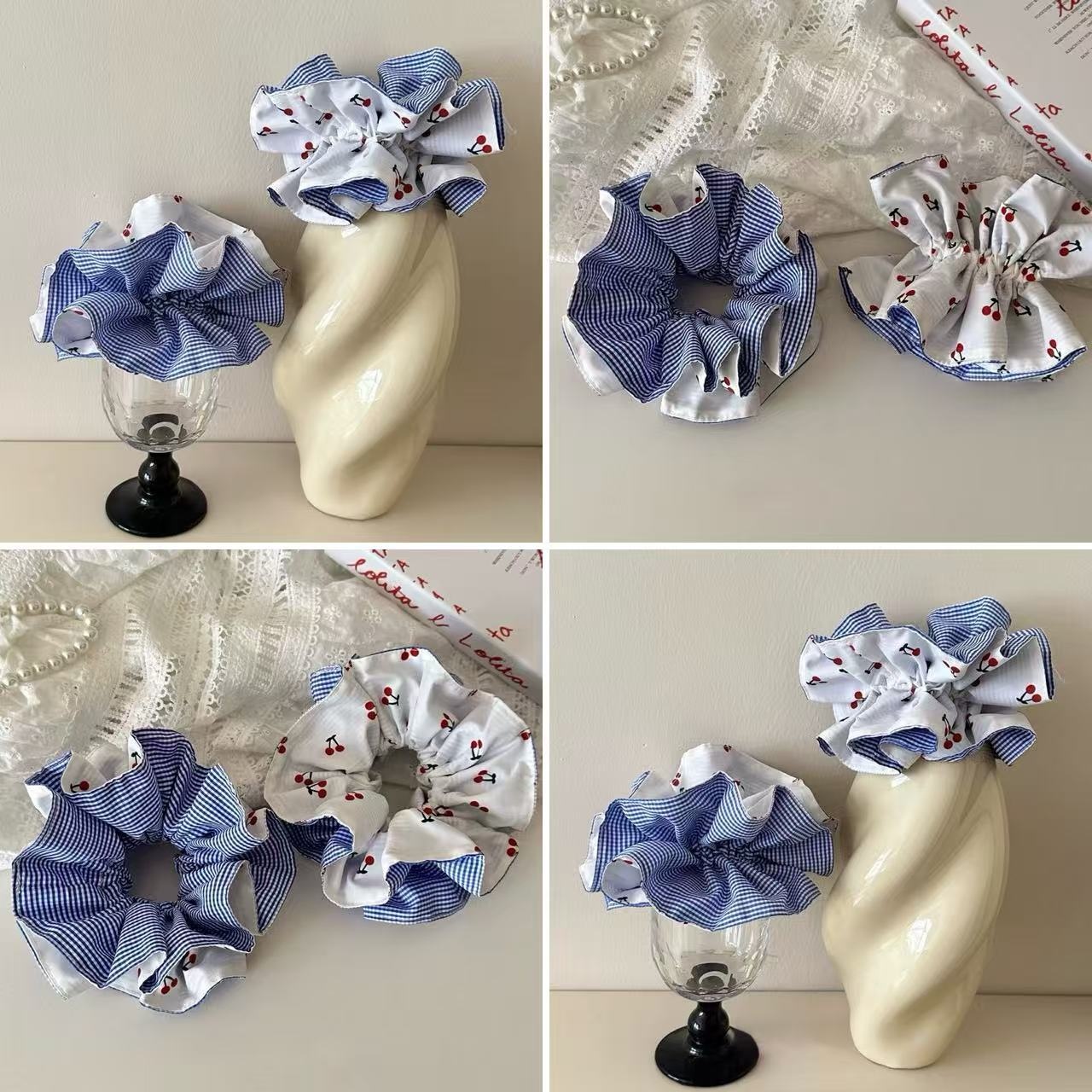 Women's Ballet Lace Hair Scrunchie Blue White Plaid Cherry Print