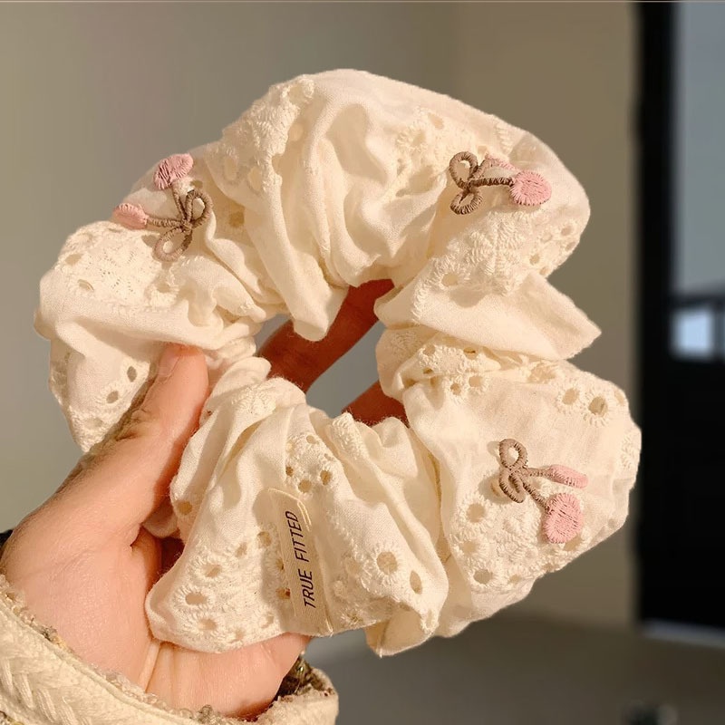 Women Spring Summer Cloth Hair Scrunchie Tie Romantic Polka Dot Lace