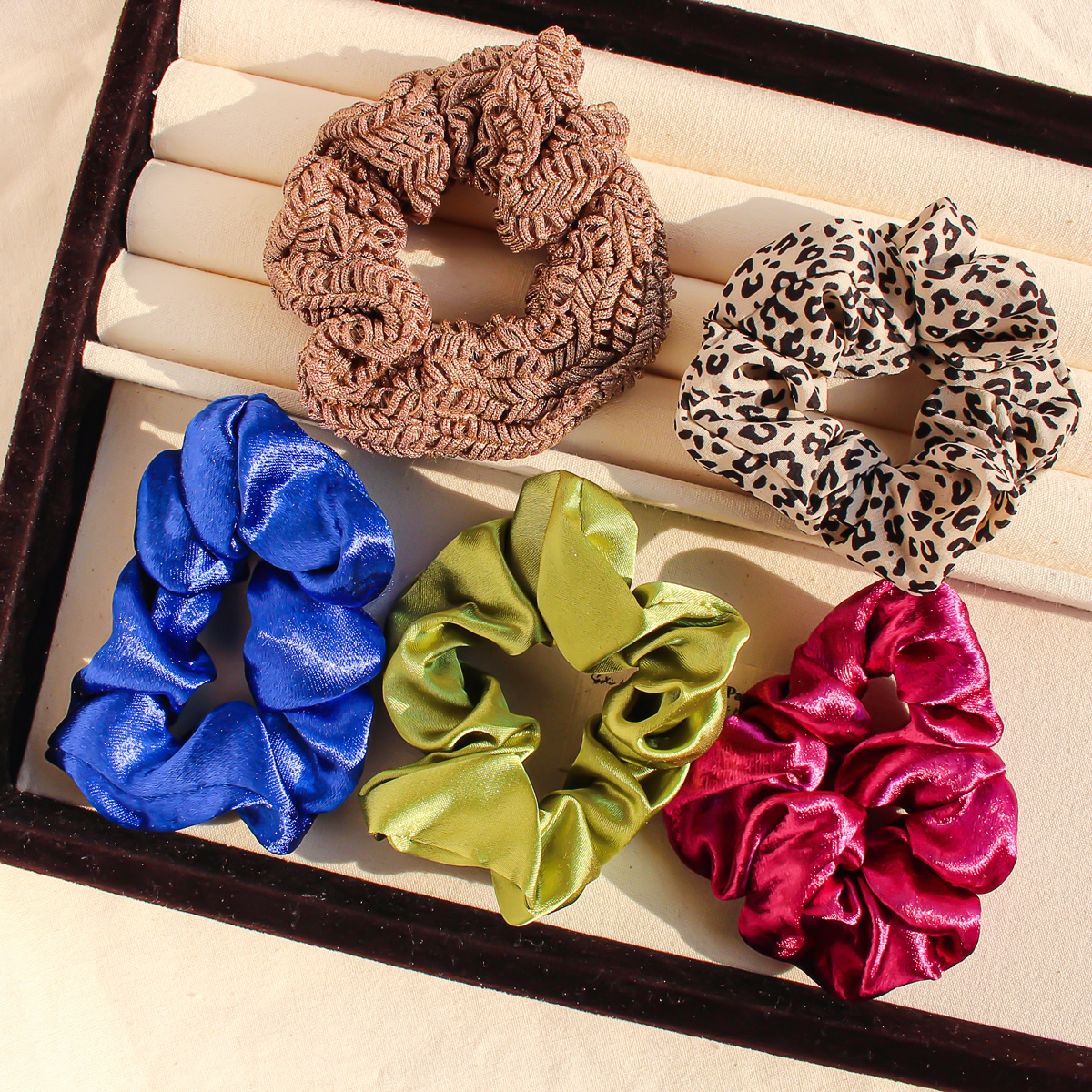 Women's All-Season French Satin Hair Ties 5PCS Multicolor Solid Leopard