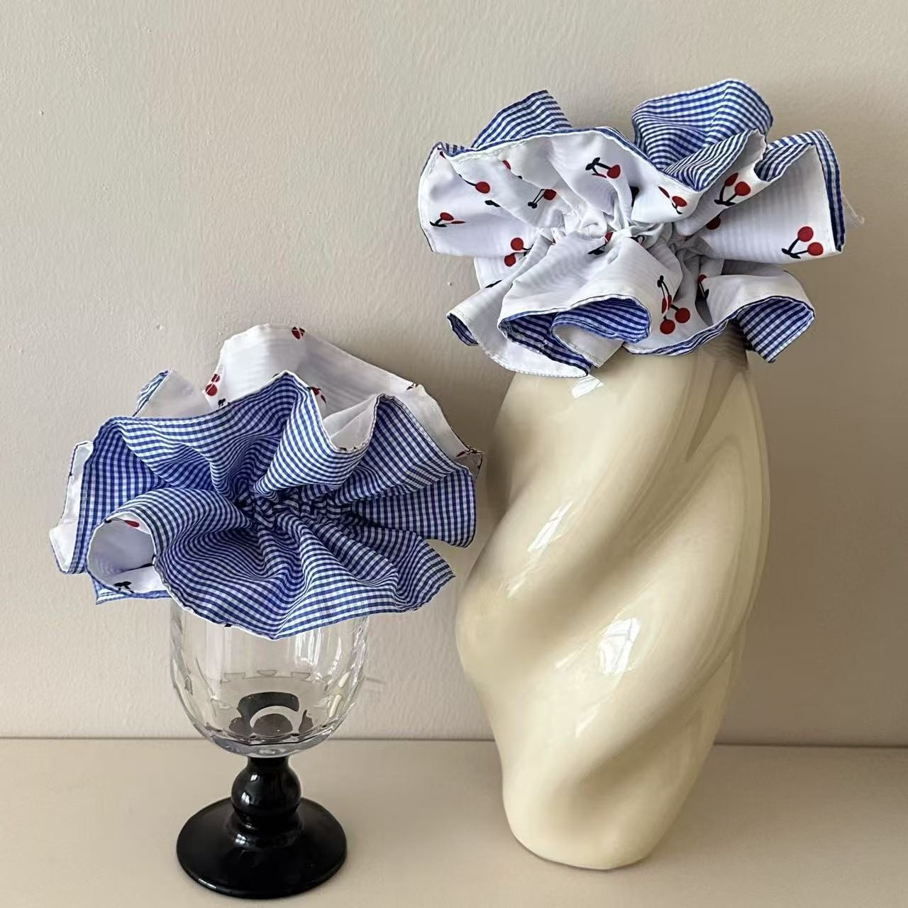 Women's Ballet Lace Hair Scrunchie Blue White Plaid Cherry Print