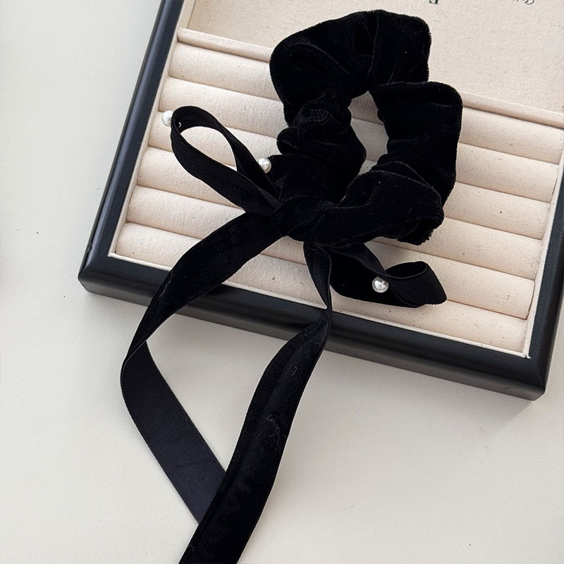 Women French Velvet Hair Scrunchie With Pearl Bow Knot Black