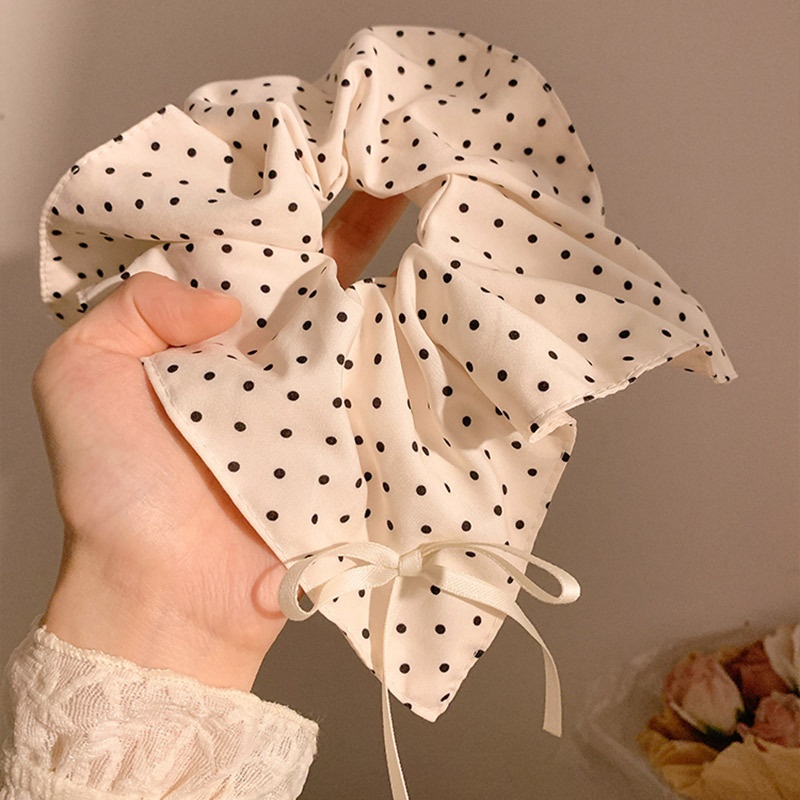 Women's Large Mori Style Scrunchie Beige Polka Dot Cloth Hair Tie