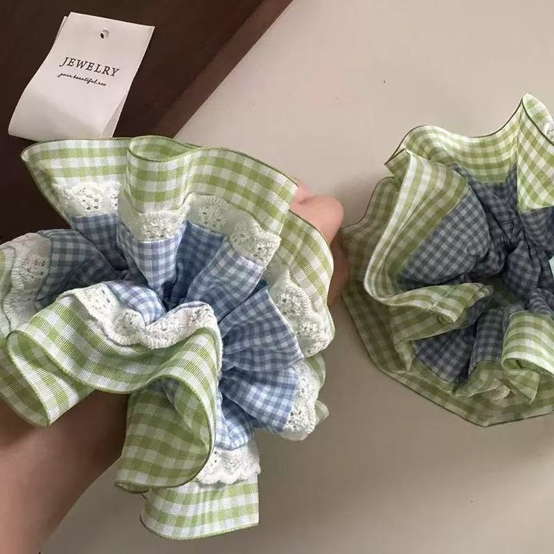 Women's Premium Oversized Lace Scrunchie Cloth Hair Tie Mint Plaid