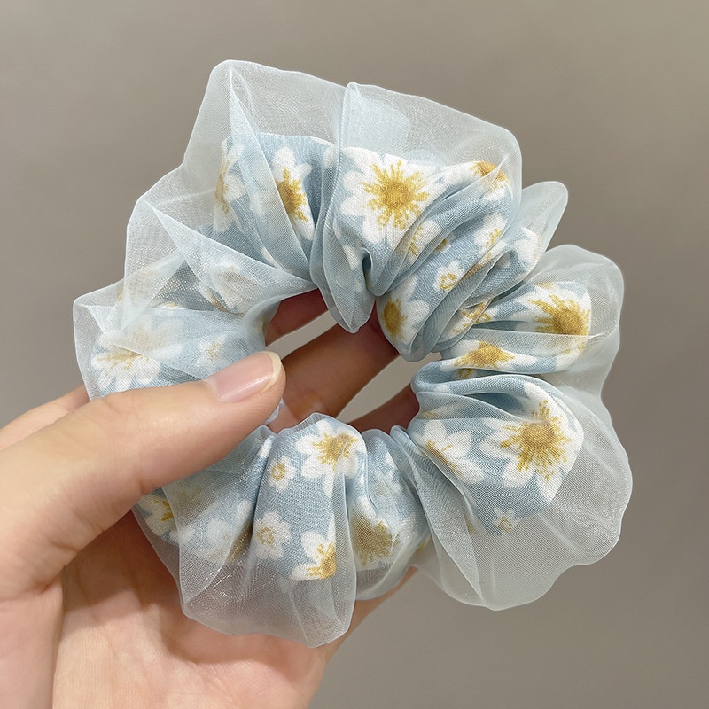 Women's Spring Summer Gauze Floral Hair Tie Rubber Band White