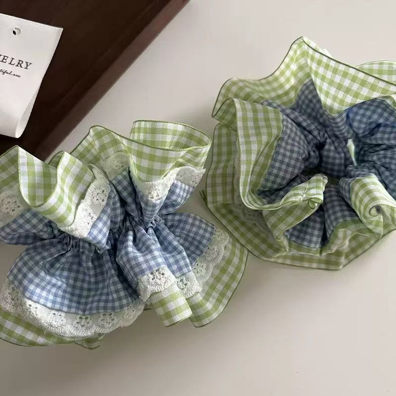 Women's Premium Oversized Lace Scrunchie Cloth Hair Tie Mint Plaid