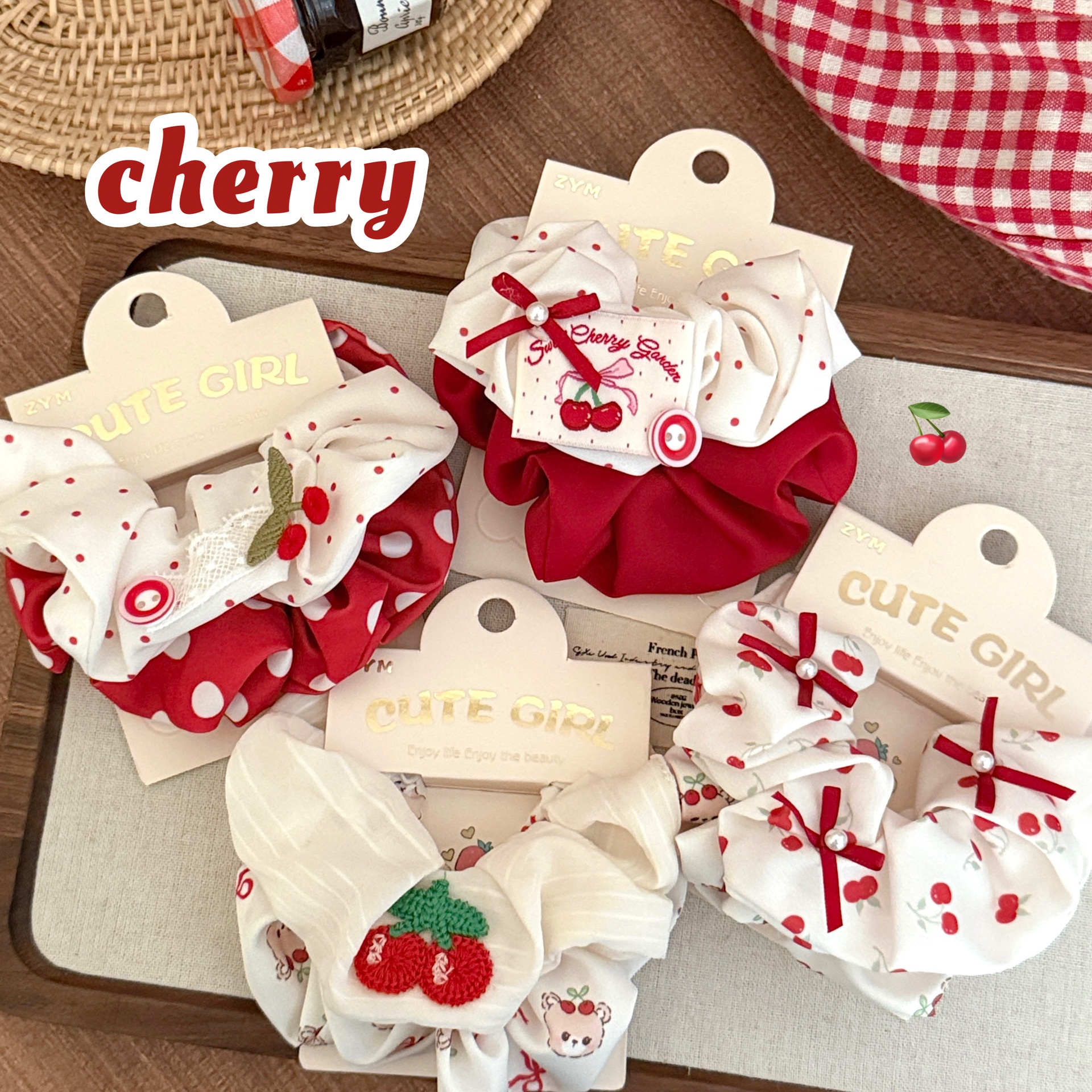 Girls Sweet Cloth Scrunchie Long Ribbon Bow Red Cherry Pattern