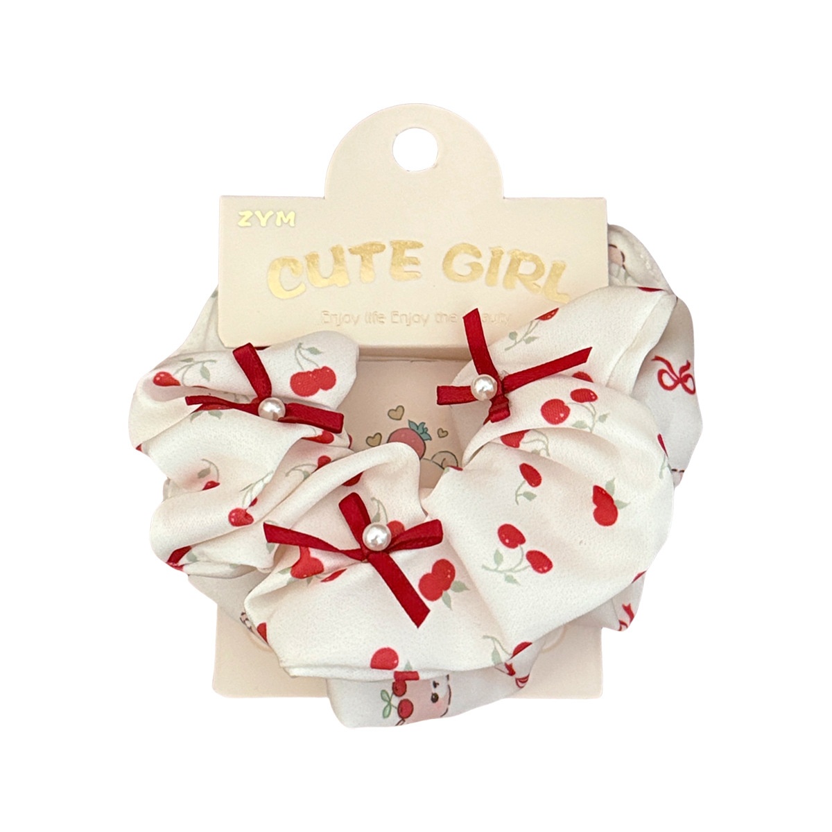 Girls Sweet Cloth Scrunchie Long Ribbon Bow Red Cherry Pattern
