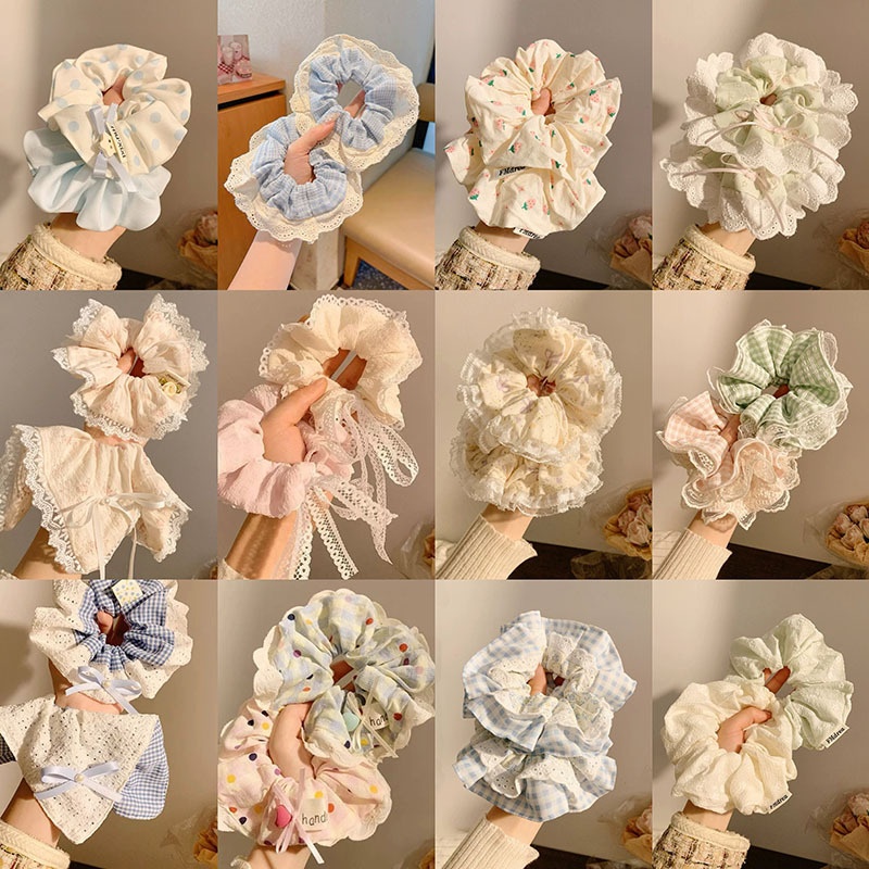 Women Spring Summer Cloth Hair Scrunchie Tie Romantic Polka Dot Lace