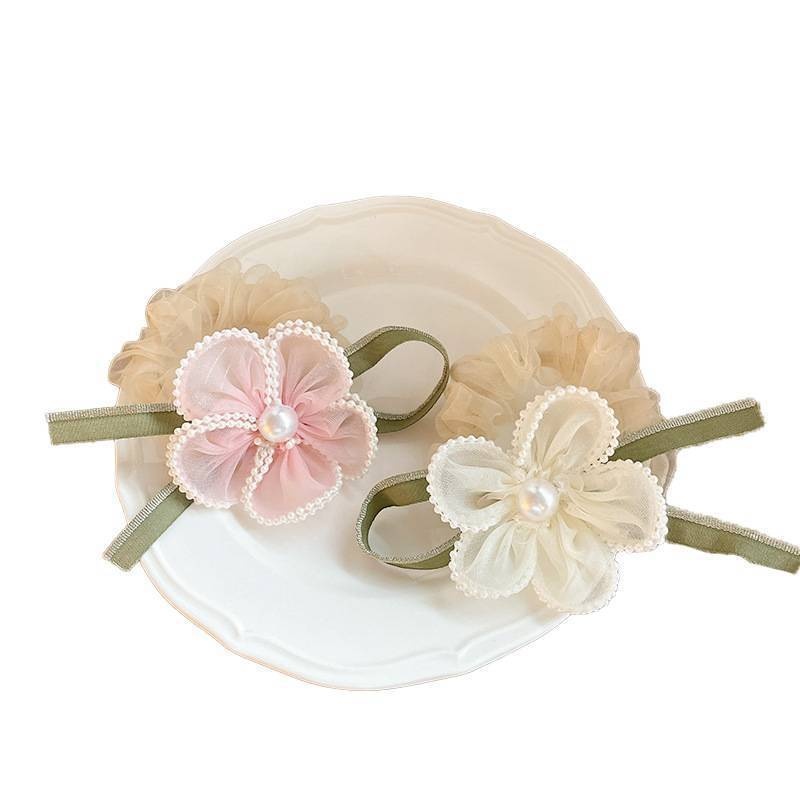 Women's Summer Mesh Pearl Bowknot Hair Tie Sweet Pink White Floral