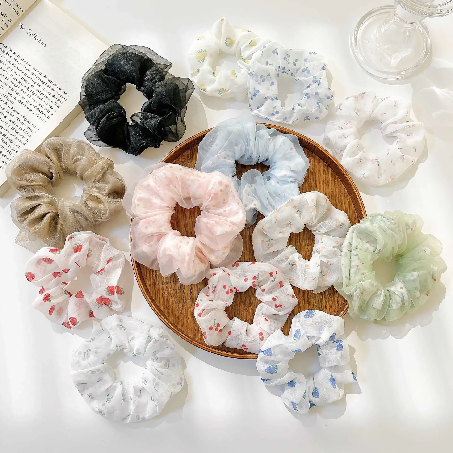 Women's Summer Fabric Scrunchie Pleated Plaid Leopard Hair Tie