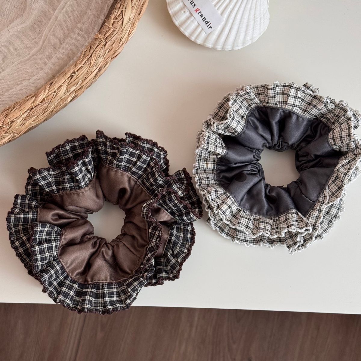 Women's Preppy Cloth Hair Tie For Daily Styling Coffee Grey Plaid