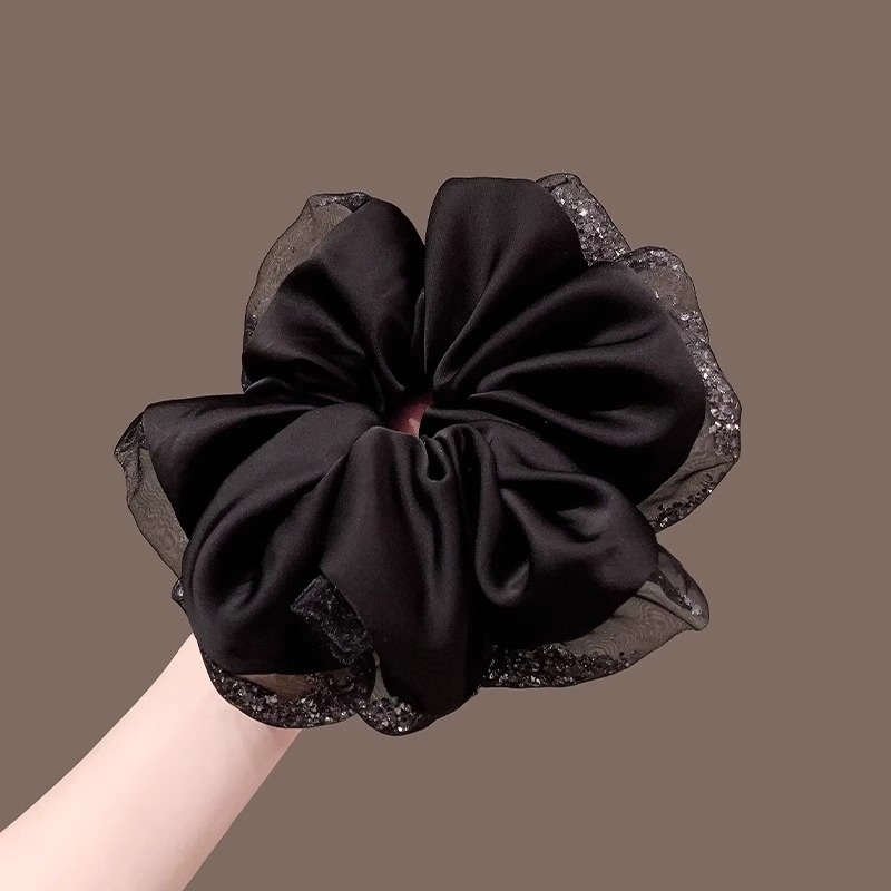 Women's Elegant Oversized Silk Satin Scrunchie Hair Accessory Black