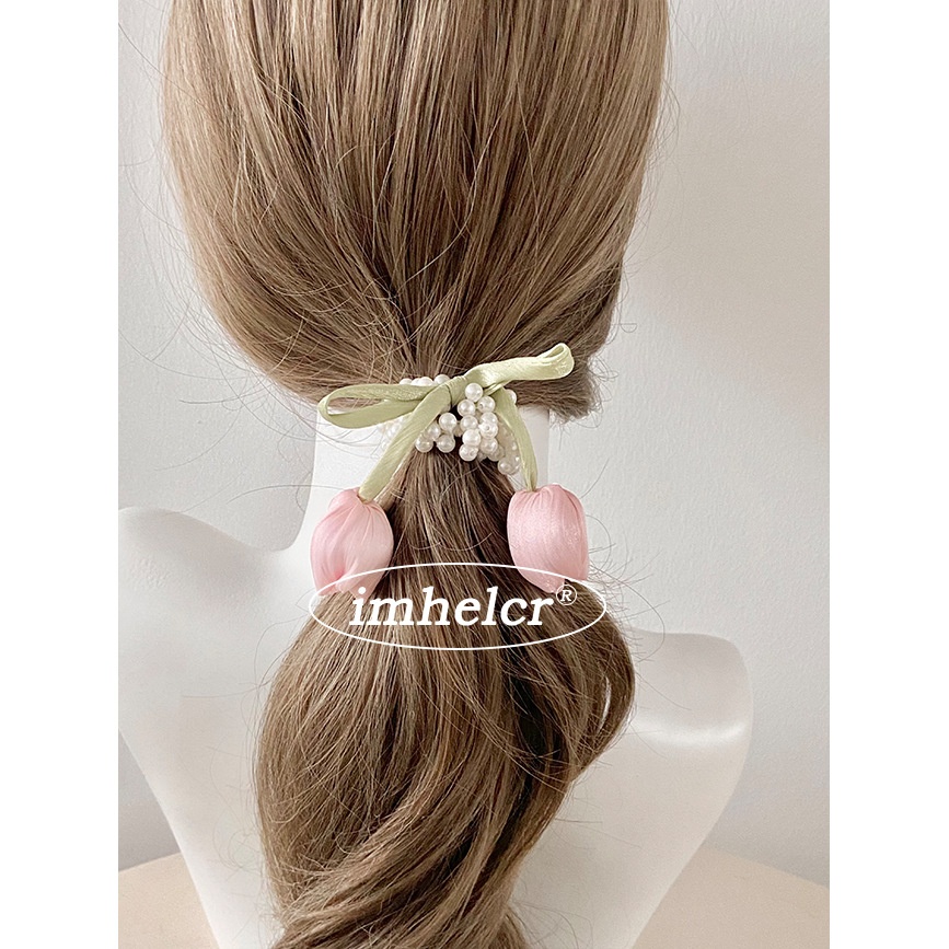 Women's Spring Pearl Inlay Cloth Hair Tie Sweet Tulip Flower