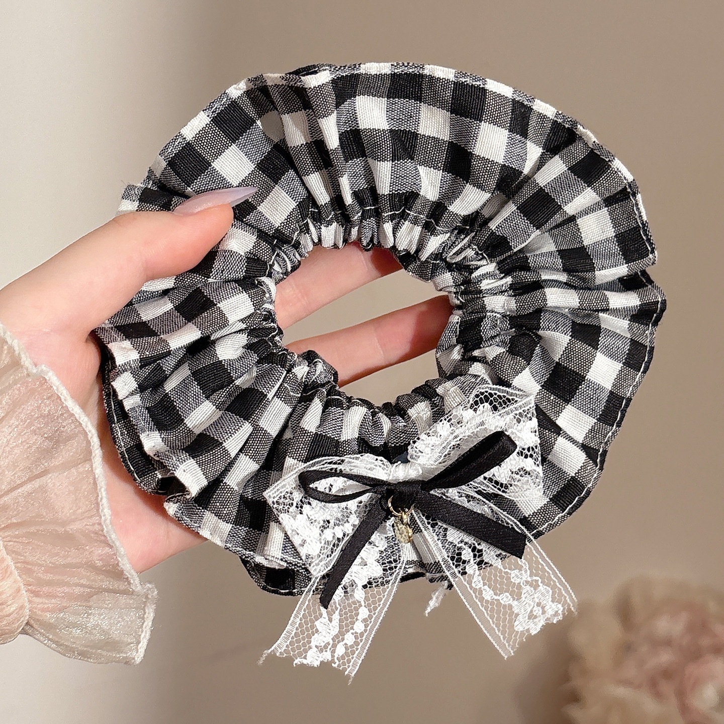 Women's Handmade Spring Ponytail Hair Scrunchie Checkered Fabric