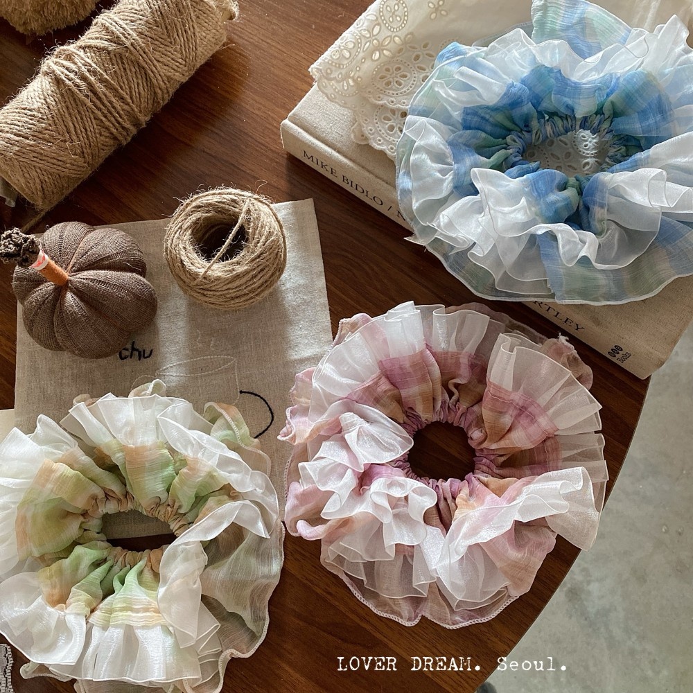 Women's Elegant French Gauze Hair Tie For Autumn Daily Wear Blue Plaid