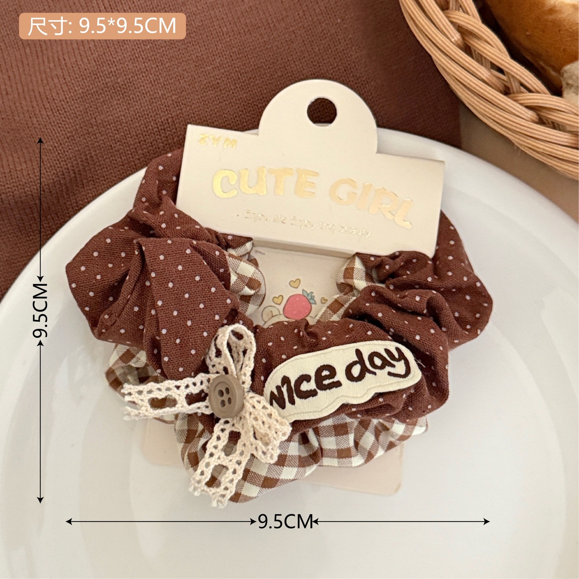 Girls Sweet Cloth Scrunchie Long Ribbon Bow Red Cherry Pattern