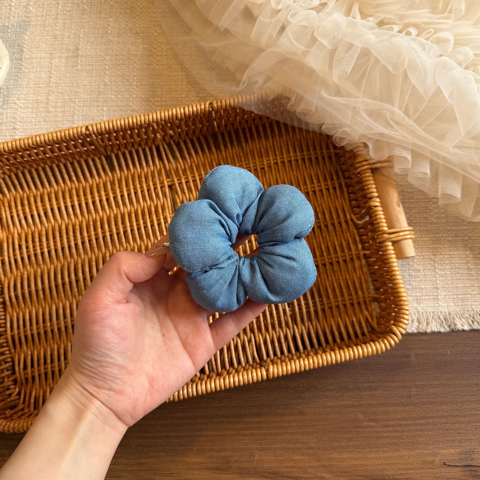 Women's Handmade Spring Ponytail Hair Scrunchie Checkered Fabric