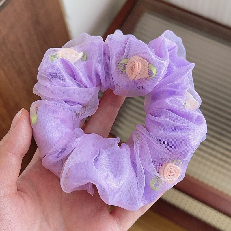 Women's Spring Summer Gauze Floral Hair Tie Rubber Band White