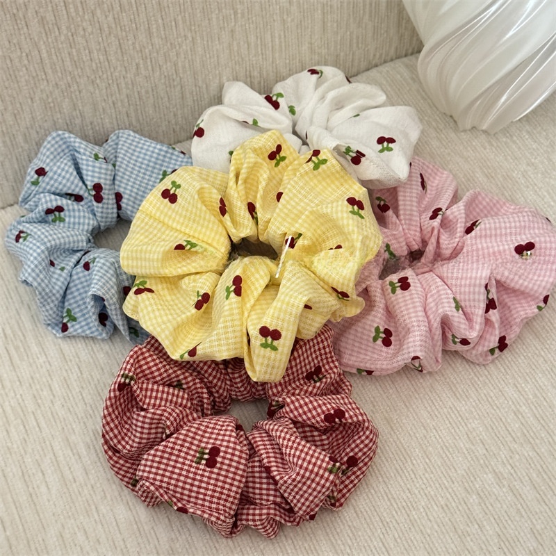 Women's All-Season Stylish Cloth Hair Scrunchies Cherry Checkered