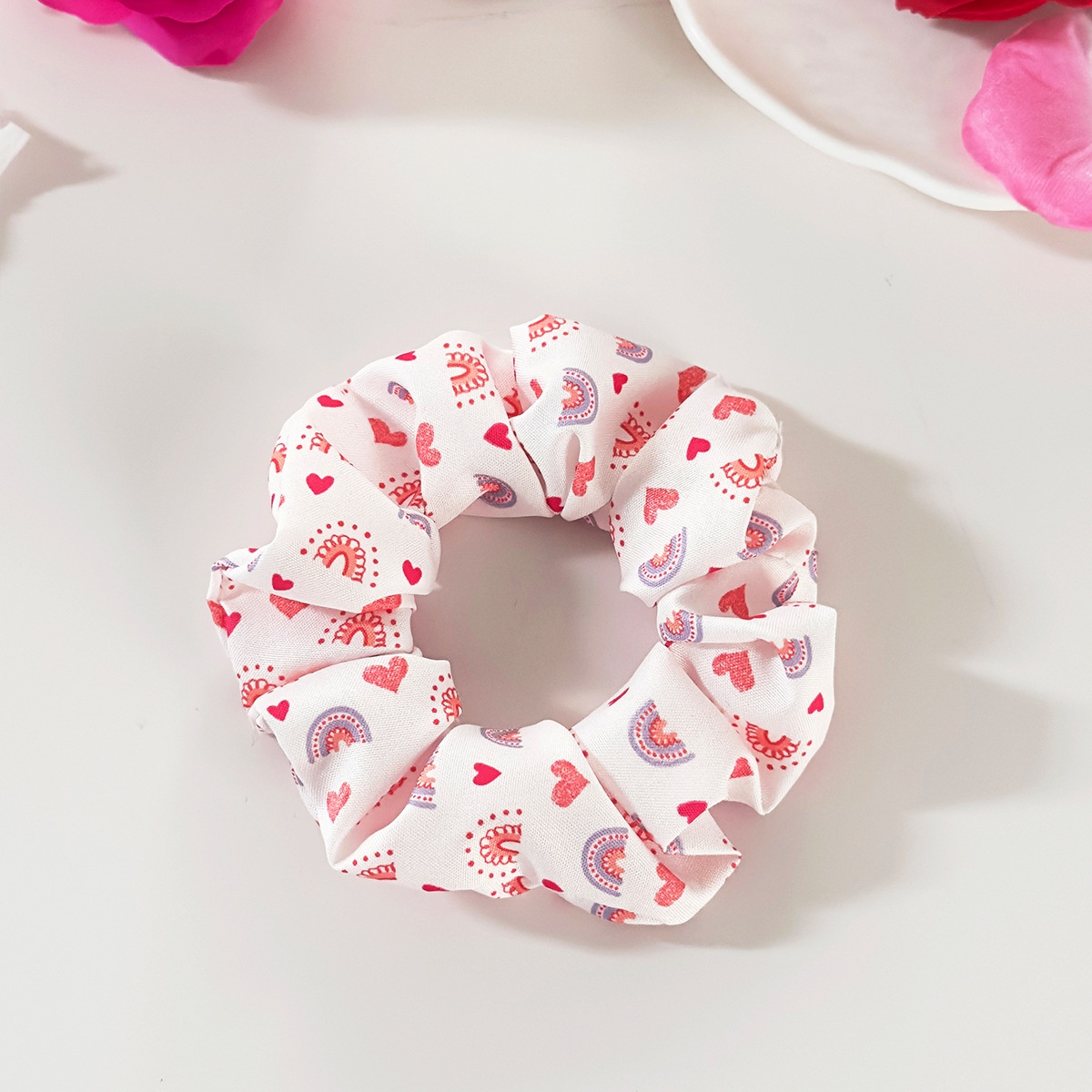 Women's Cloth Elastic Ponytail Hair Tie Red Pink Heart Lip Print
