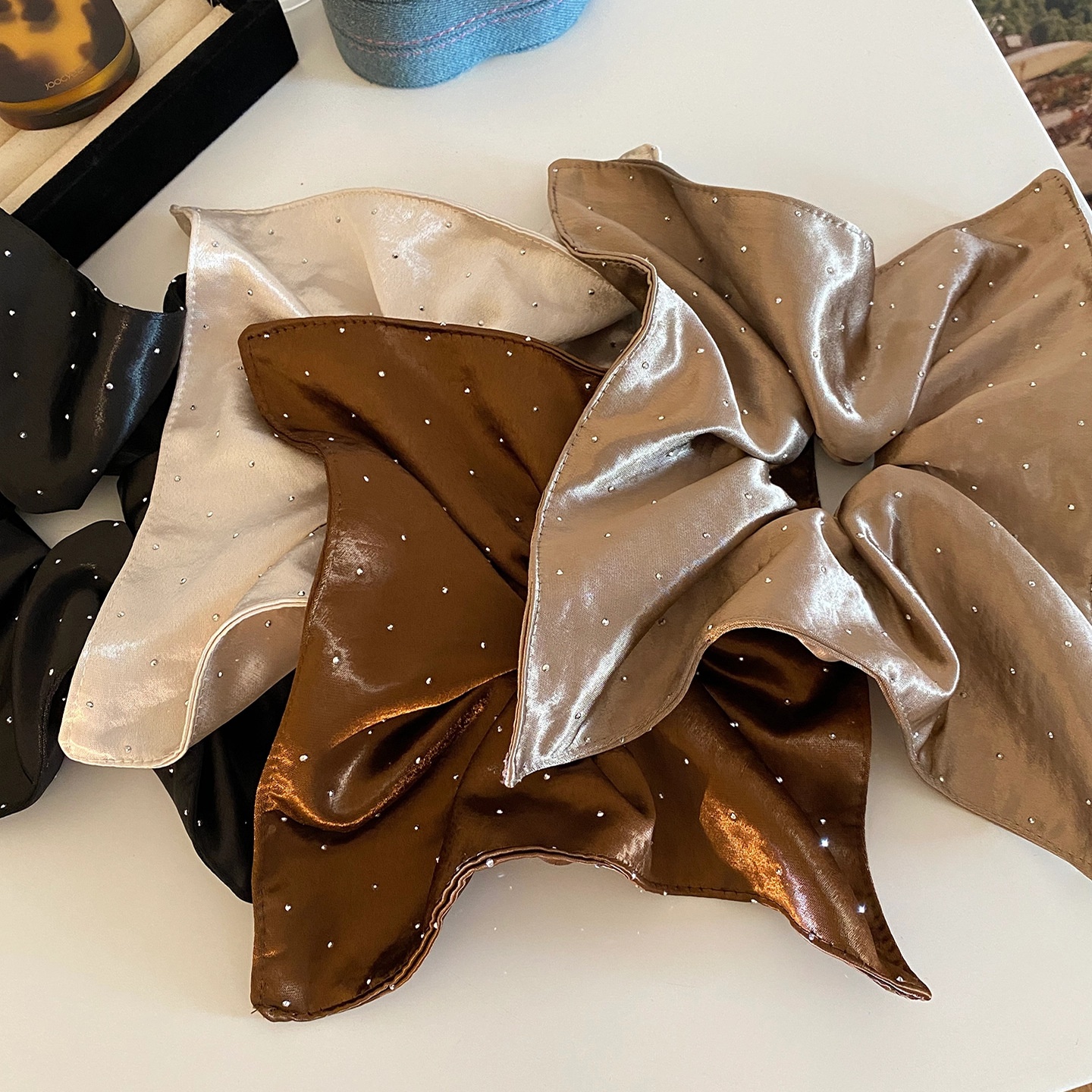 Women's Elegant Rhinestone Inlay Satin Hair Tie Scrunchie Beige