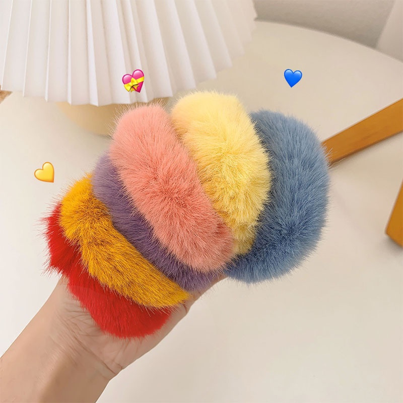 Women's Cute Plush Donut Hair Ties Winter Rabbit Fur Scrunchies Solid Color