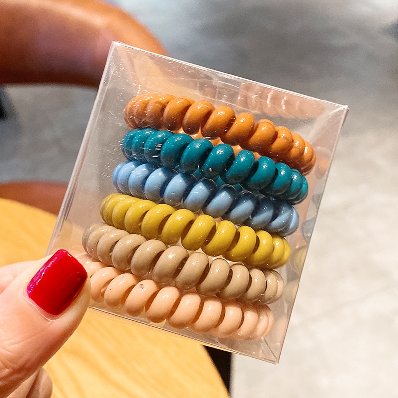 Women Autumn Plastic Telephone Cord Hair Ties 6Pcs Multicolor Round