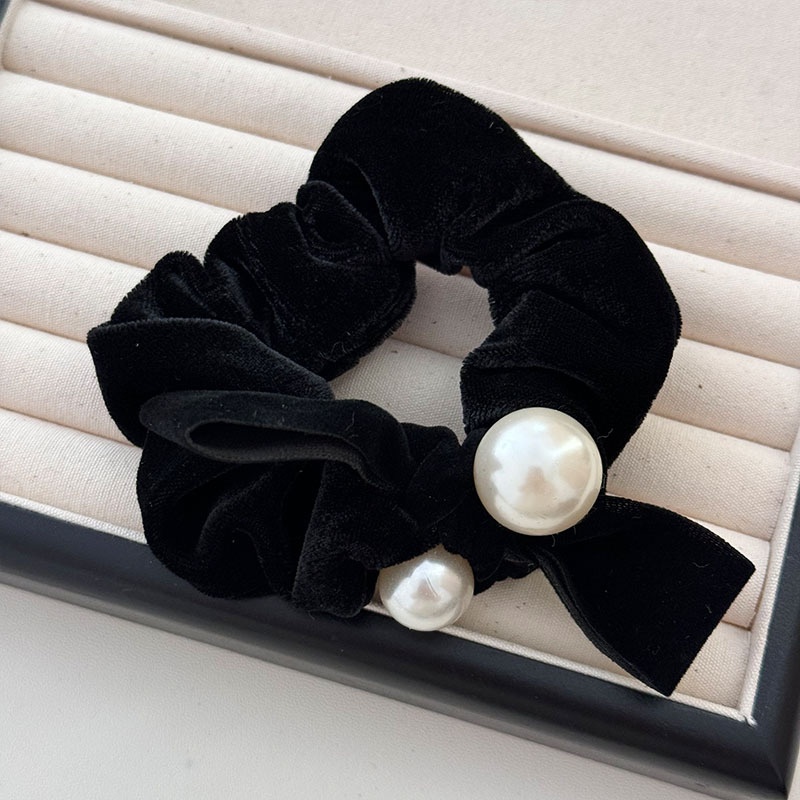 Women French Velvet Hair Scrunchie With Pearl Bow Knot Black