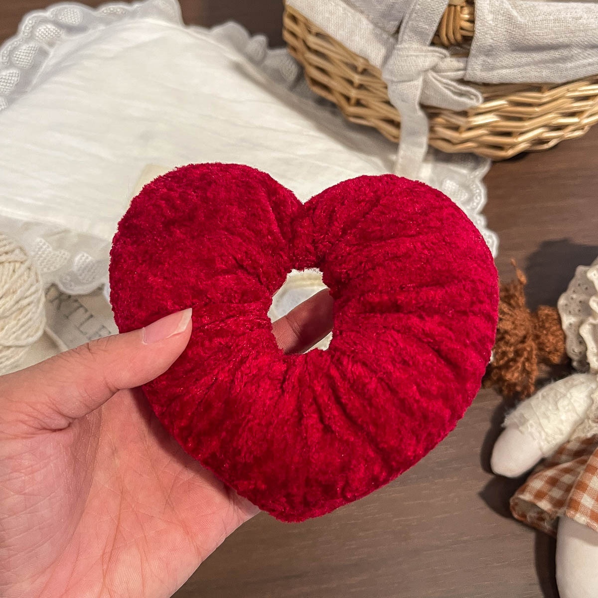 Women's Festive Velvet Hair Tie For New Year Red Heart Shape