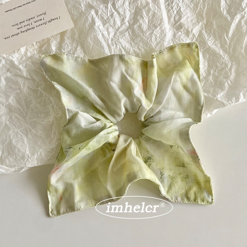 Women's Vintage Cloth Scarf Hair Tie Accessory Green Painted Flower