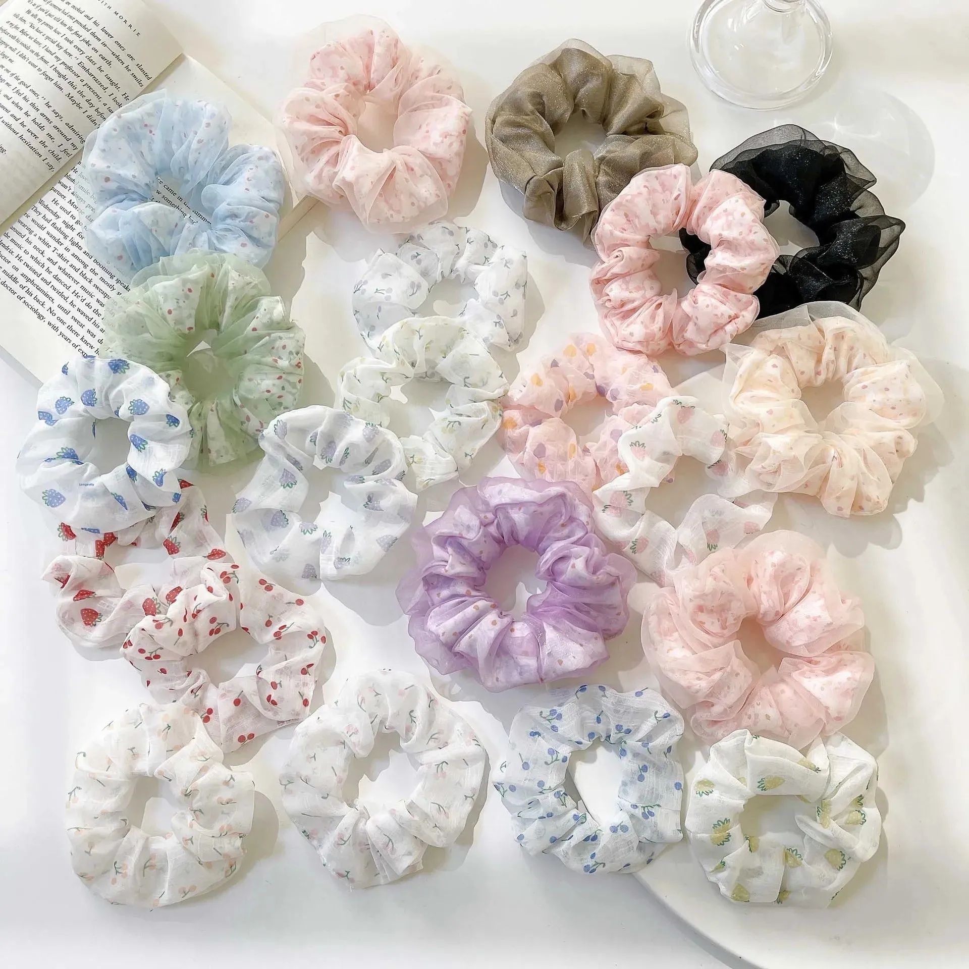 Women's Summer Fabric Scrunchie Pleated Plaid Leopard Hair Tie