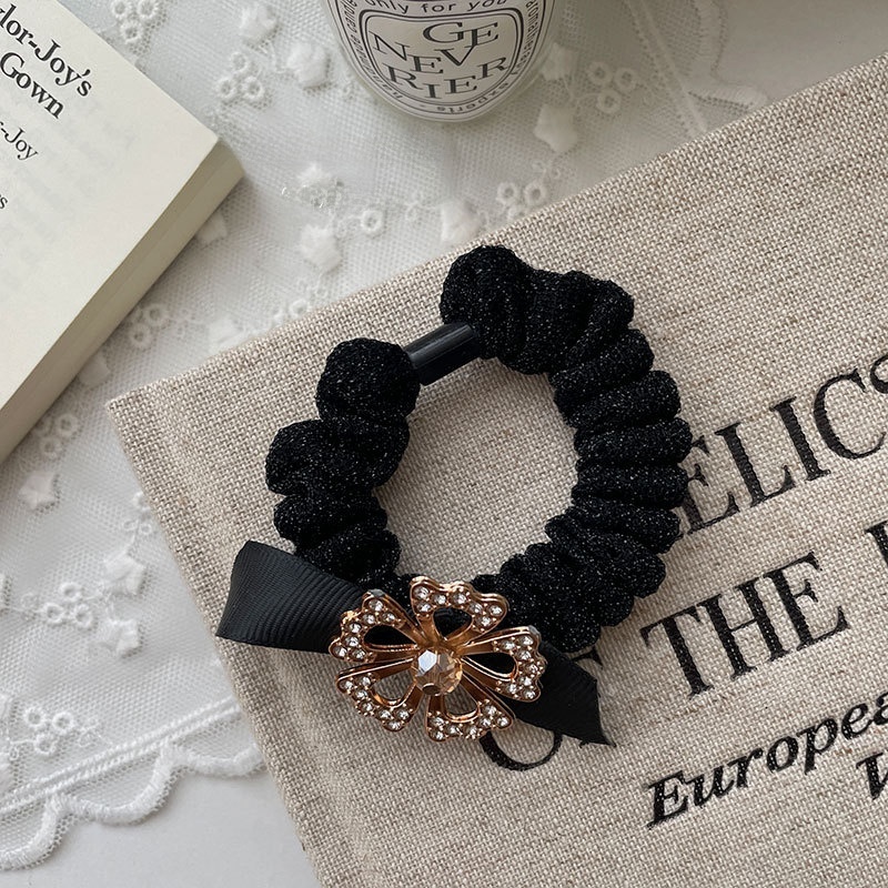 Women's Autumn Cloth Hair Tie Black Rhinestone Four Leaf Clover