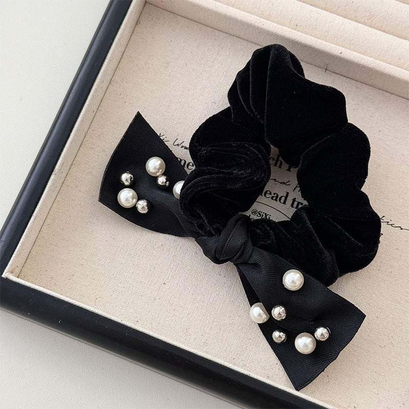 Women French Velvet Hair Scrunchie With Pearl Bow Knot Black