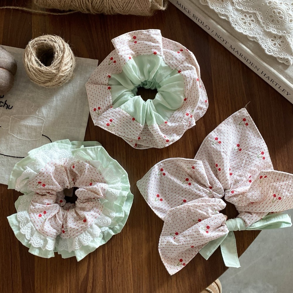 Women's Cloth Telephone Cord Hair Tie for Spring Summer Cherry Bow Knot