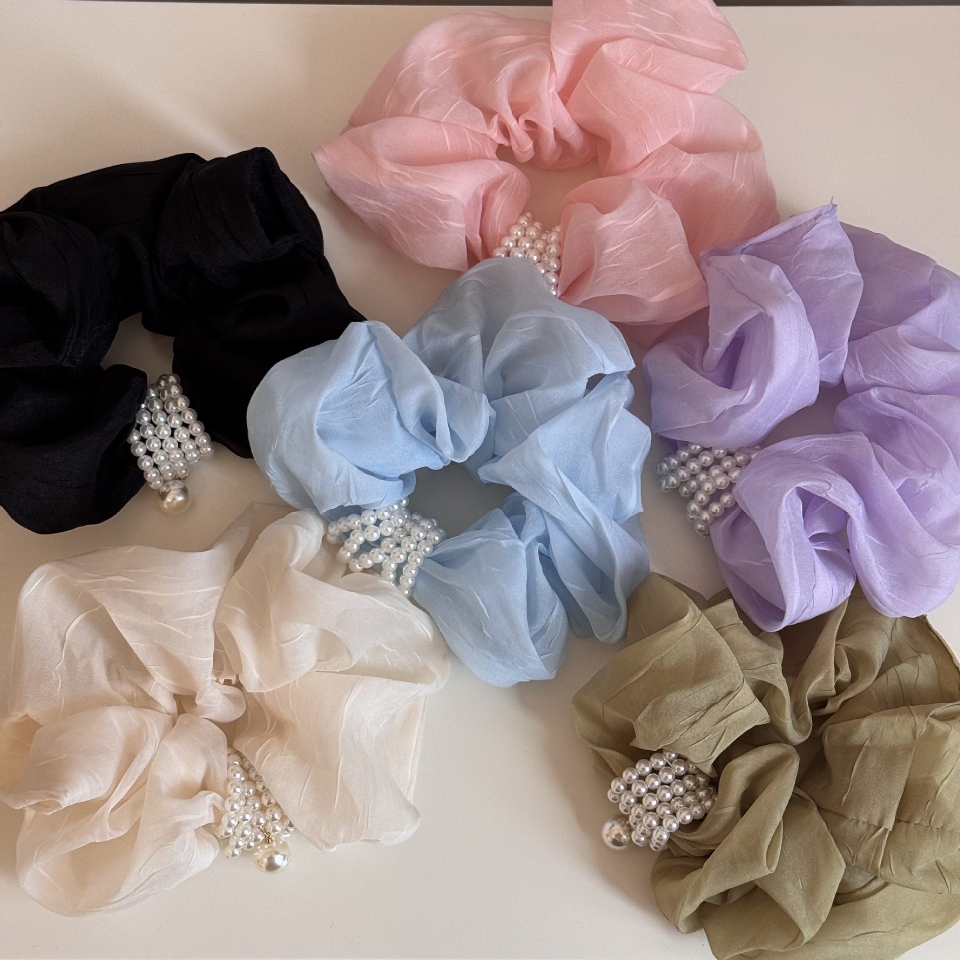 Women's Retro Tulle Pearl Hair Tie Elastic Scrunchie Beige