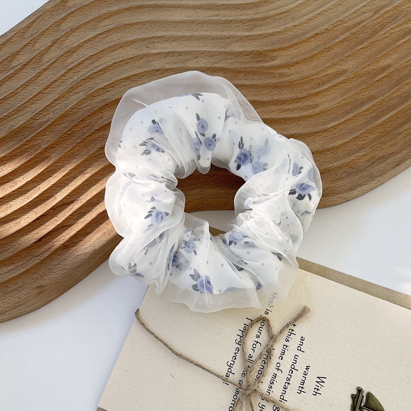 Women's Spring Summer Gauze Floral Hair Tie Rubber Band White