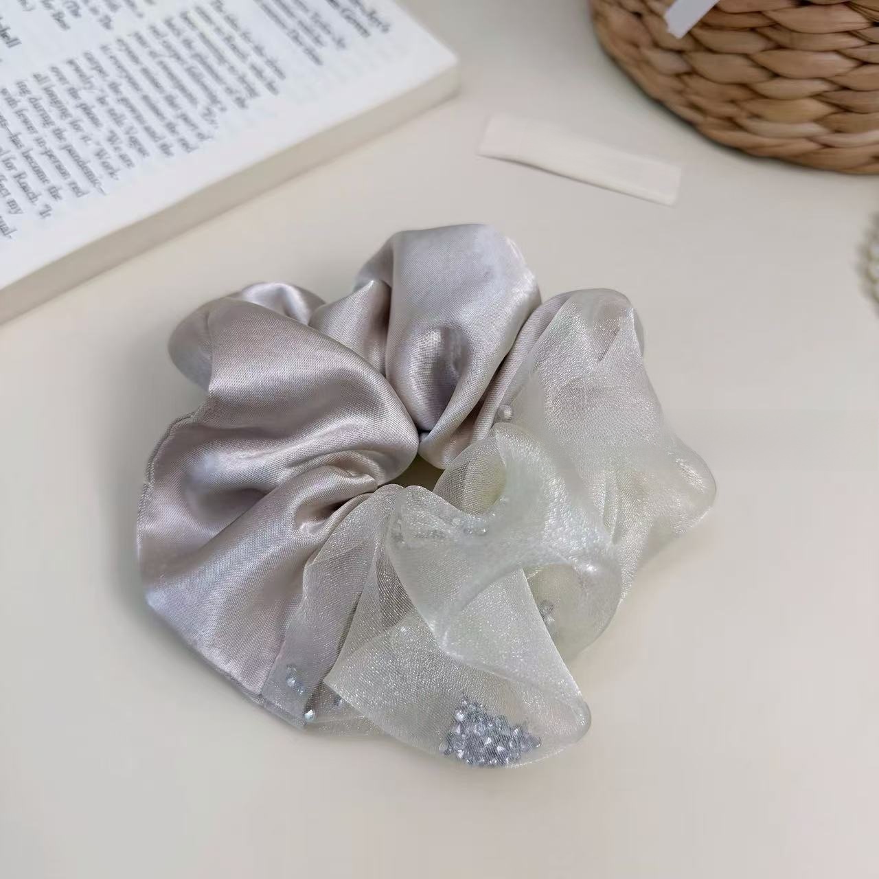 Women's Everyday Satin Gauze Scrunchie Hair Tie Beige Patchwork