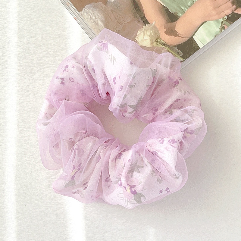 Women's Spring Summer Gauze Floral Hair Tie Rubber Band White