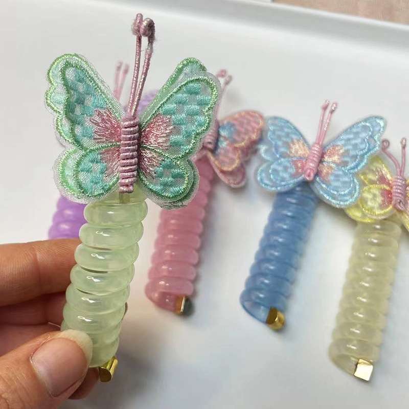 Girls Silicone Telephone Cord Ponytail Hair Rope Sweet Cartoon Butterfly